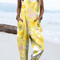 Women's Yellow Art Flower Print Casual 100% Cotton Wide Leg Jumpsuit