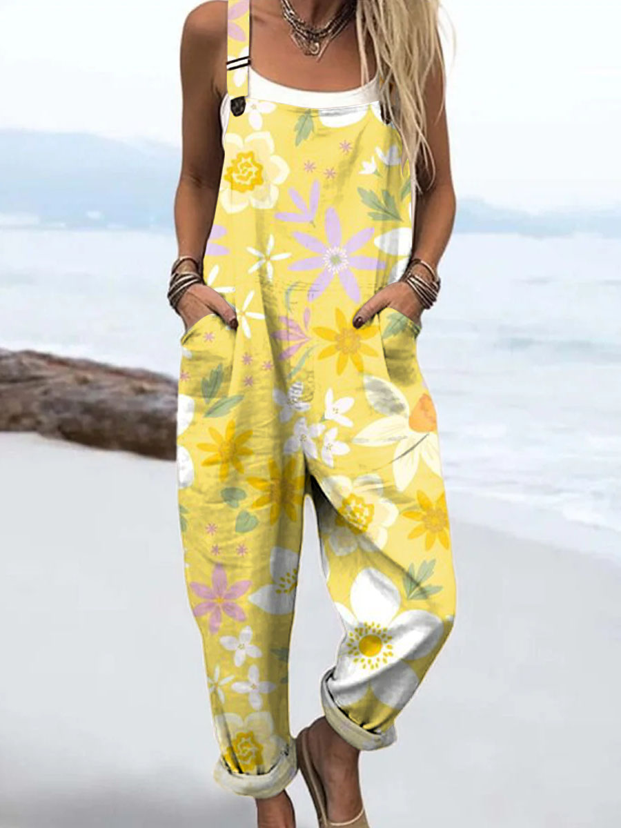 Women's Yellow Art Flower Print Casual 100% Cotton Wide Leg Jumpsuit