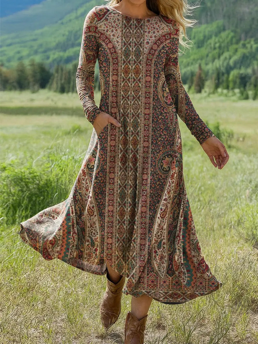 Women's Vintage Cashew Flower Art Print Long-sleeved Dress