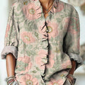Women's Vintage Beautiful Ethnic Floral Painting Art Print Casual Cotton And Linen Ruffle Shirt