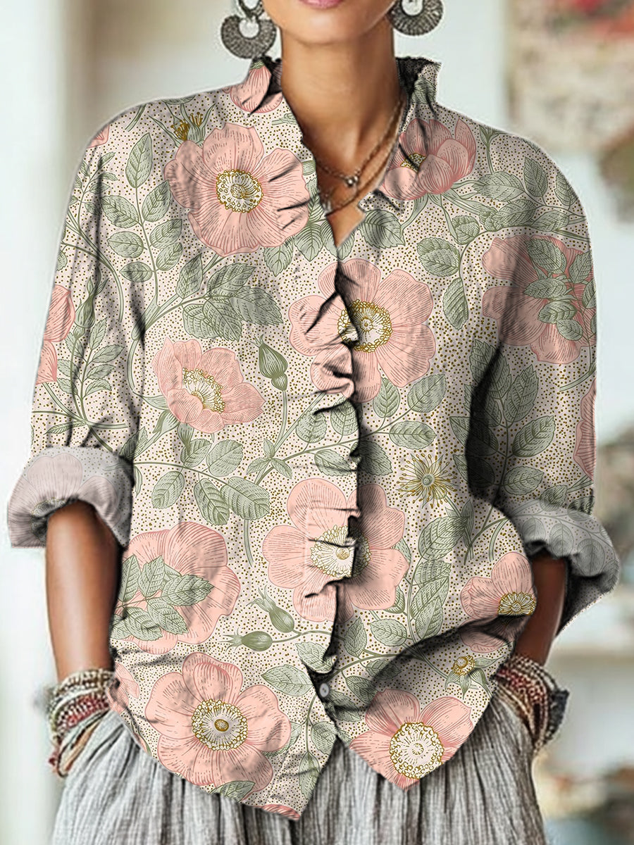 Women's Vintage Beautiful Ethnic Floral Painting Art Print Casual Cotton And Linen Ruffle Shirt