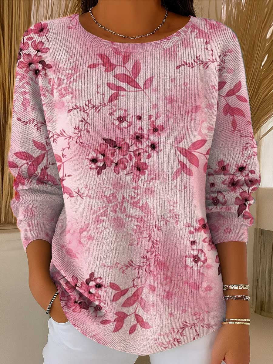 Women's Vintage Floral Art Print Casual Pullover Sweater