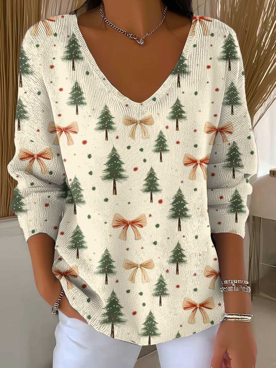 Women's Christmas Tree Art Print Casual Pullover Sweater