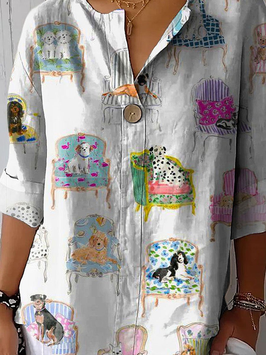 Women's Vintage Lovely Dogs Art Print Casual Cotton Linen Shirt