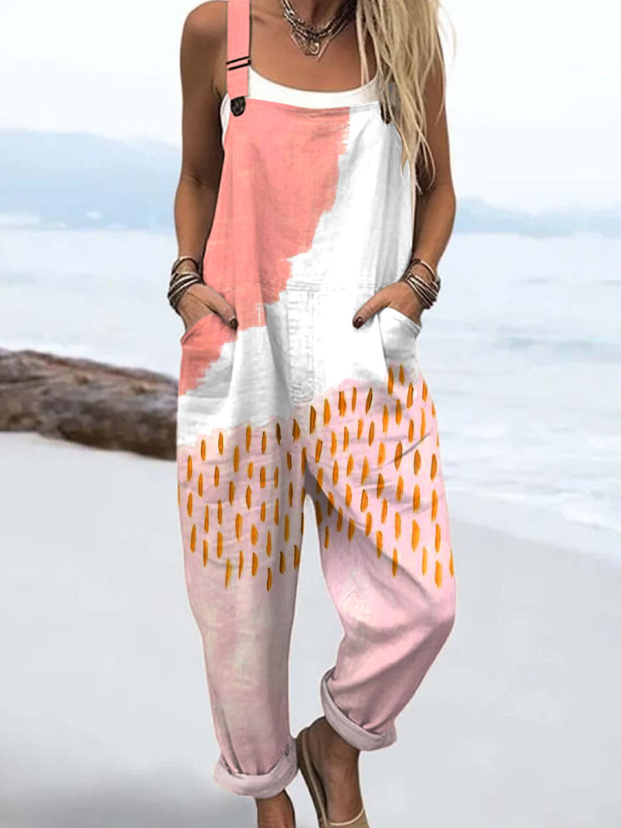 Women's  Vintage Abstract Geometric Art Print Casual 100% Cotton Wide Leg Jumpsuit