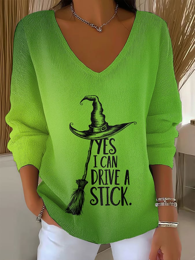 🔥Last Day 49% Off🔥Women'S Witch "Yes I Can Drive A Stick"  Print Drop Shoulder Sweater