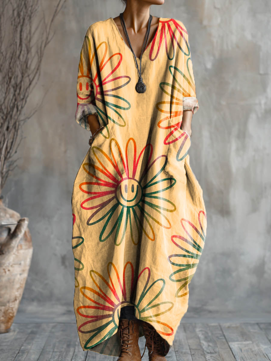 Women's Lovely Floral Art Pattern Print Pocket V-neck Cotton Dress