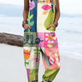 Women's Colourful Art Creative Flowers Print Casual 100% Cotton Wide Leg Jumpsuit