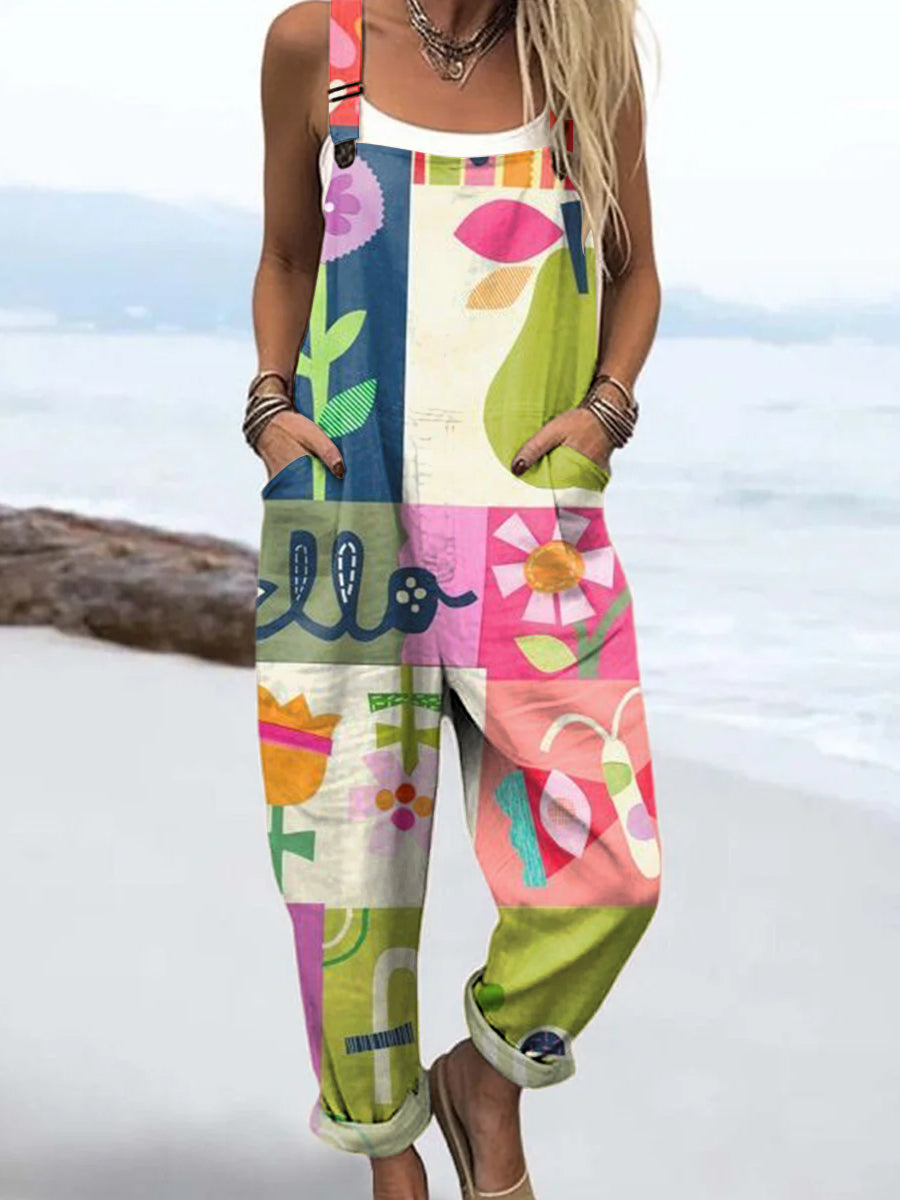 Women's Colourful Art Creative Flowers Print Casual 100% Cotton Wide Leg Jumpsuit