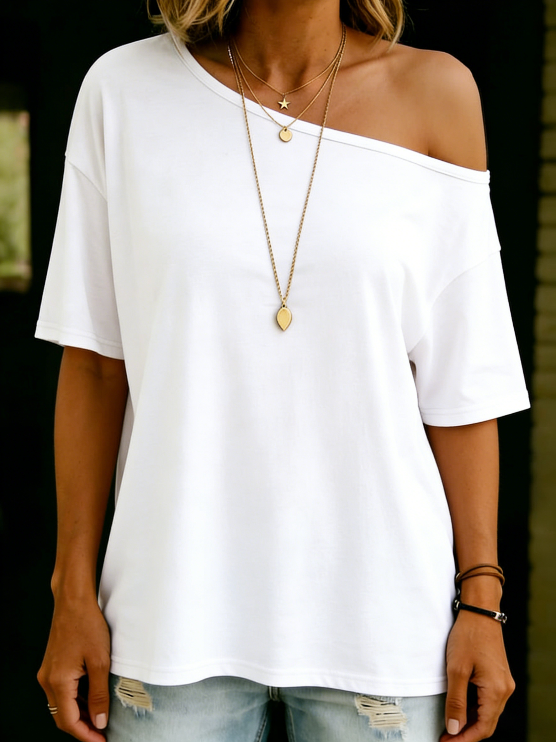 Cozy Off-shoulder Loose-fit Cotton T-shirt