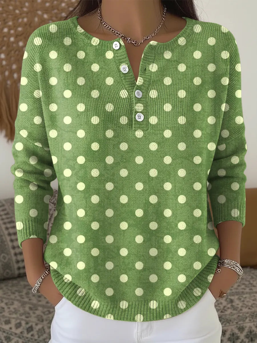 Green Round Polka Dots Print Buttoned Cardigan Sweater