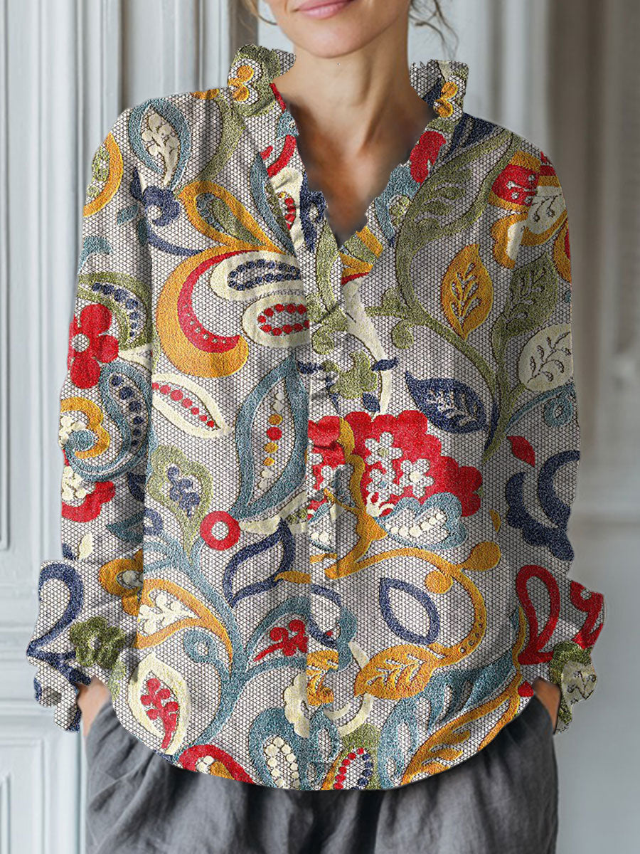 Women's Vintage Flower Art Print Casual Cotton And Linen Ruffle Shirt