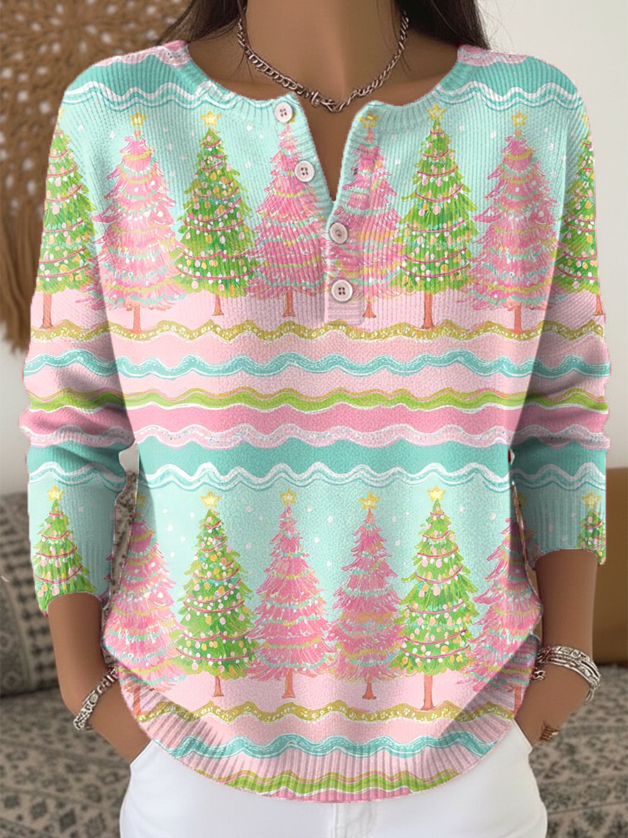 Beautiful Colorful Christmas Tree Painting Art Print Buttoned Cardigan Sweater