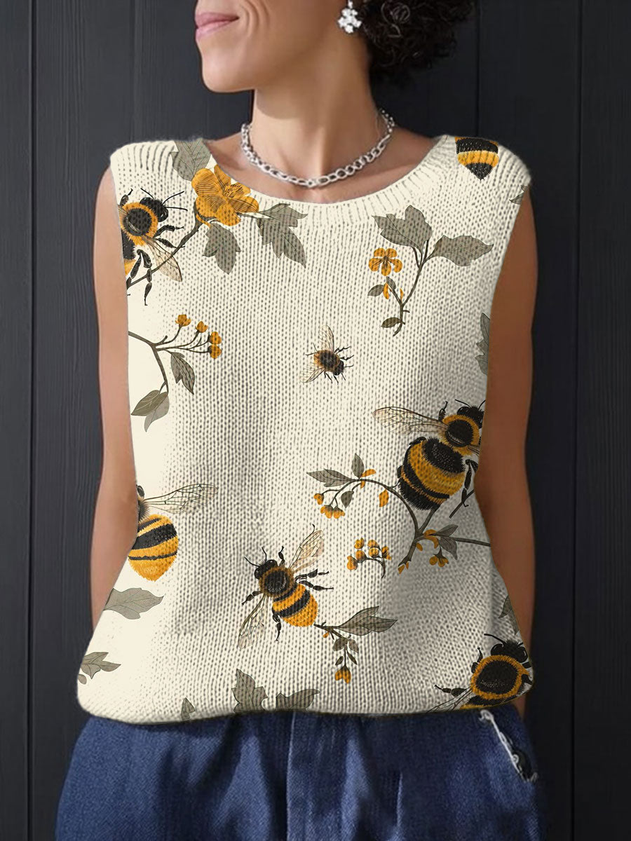Women's Vintage Flower Bee Art Print Casual  Knitting Top