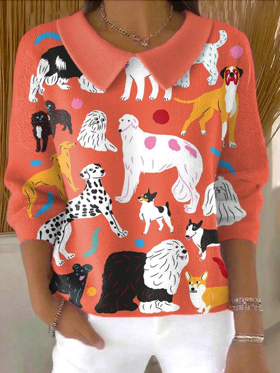 womens-lovely-dogs-art-print-casual-peter-pan-collar-3-4-sleeve-sweater-wvrx
