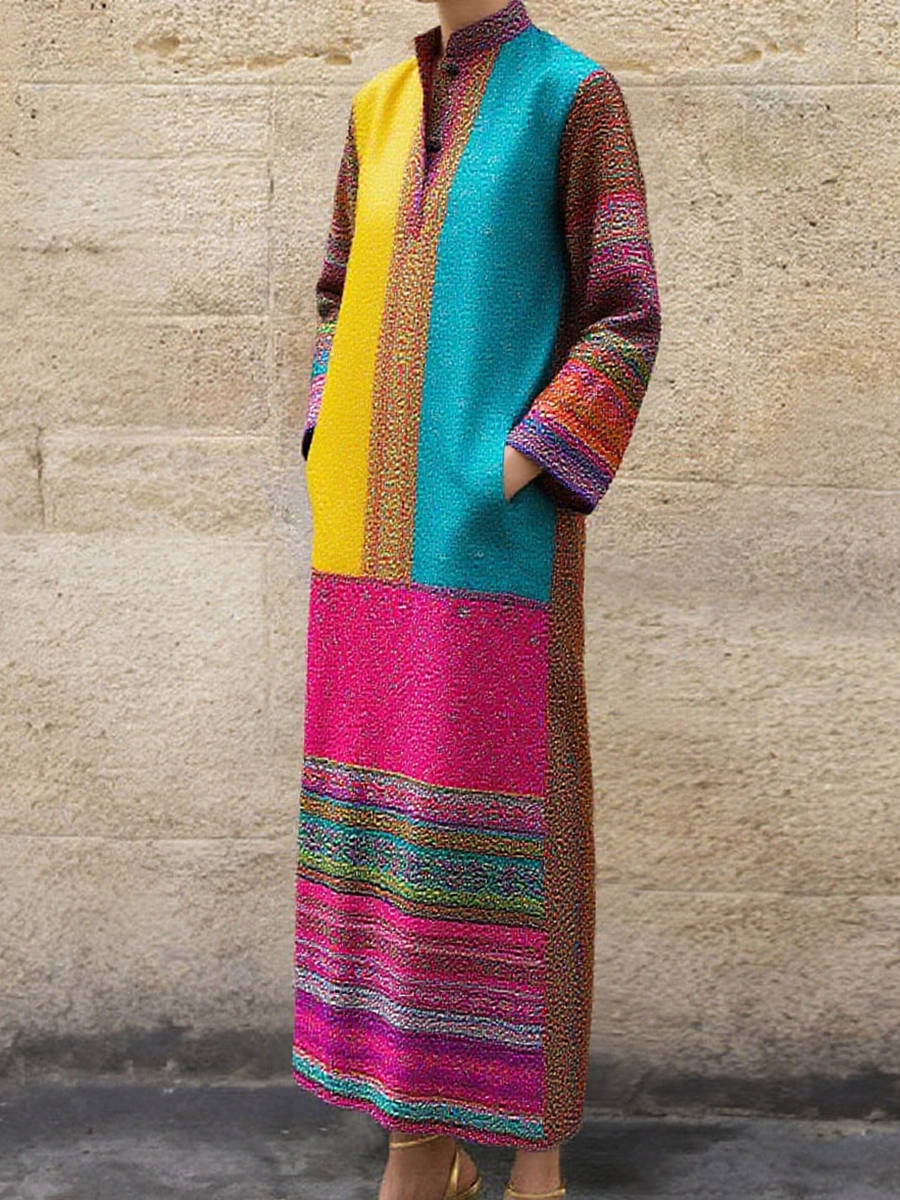Retro Color Block Print Maxi Dress