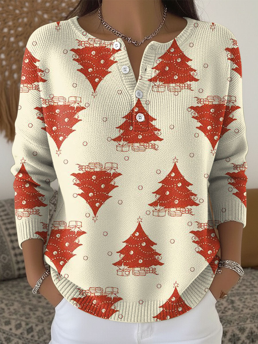Women's Christmas Trees Pattern Art Print Buttoned Cardigan Sweater