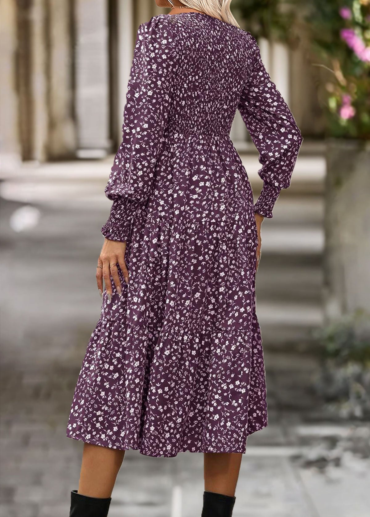 Purple Tummy Coverage Ditsy Floral Print Long Sleeve Dress