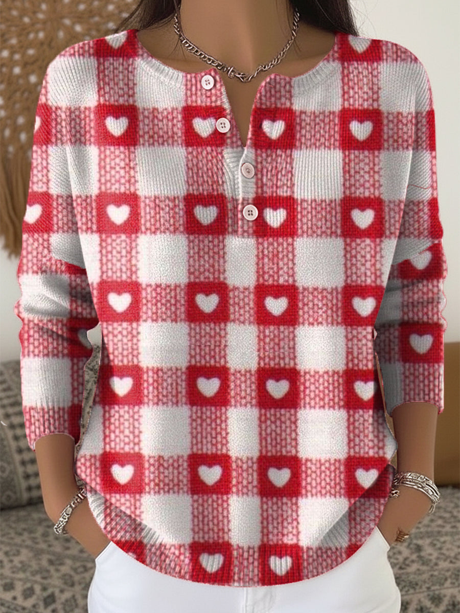 Women's Retro Plaid Heart Art Print Valentine's Day Casual Sweater