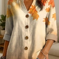 Women's Autumn Maple Leaves Pattern Print Casual Cotton And Linen Shirt