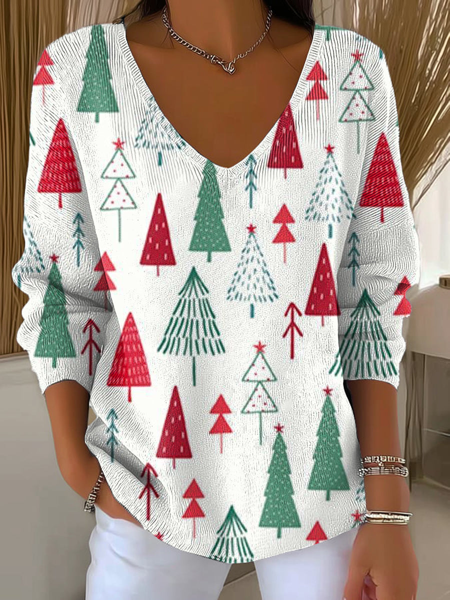 Women's Beautiful And Colorful Winter Christmas Tree Painting Art Print Casual Pullover Sweater