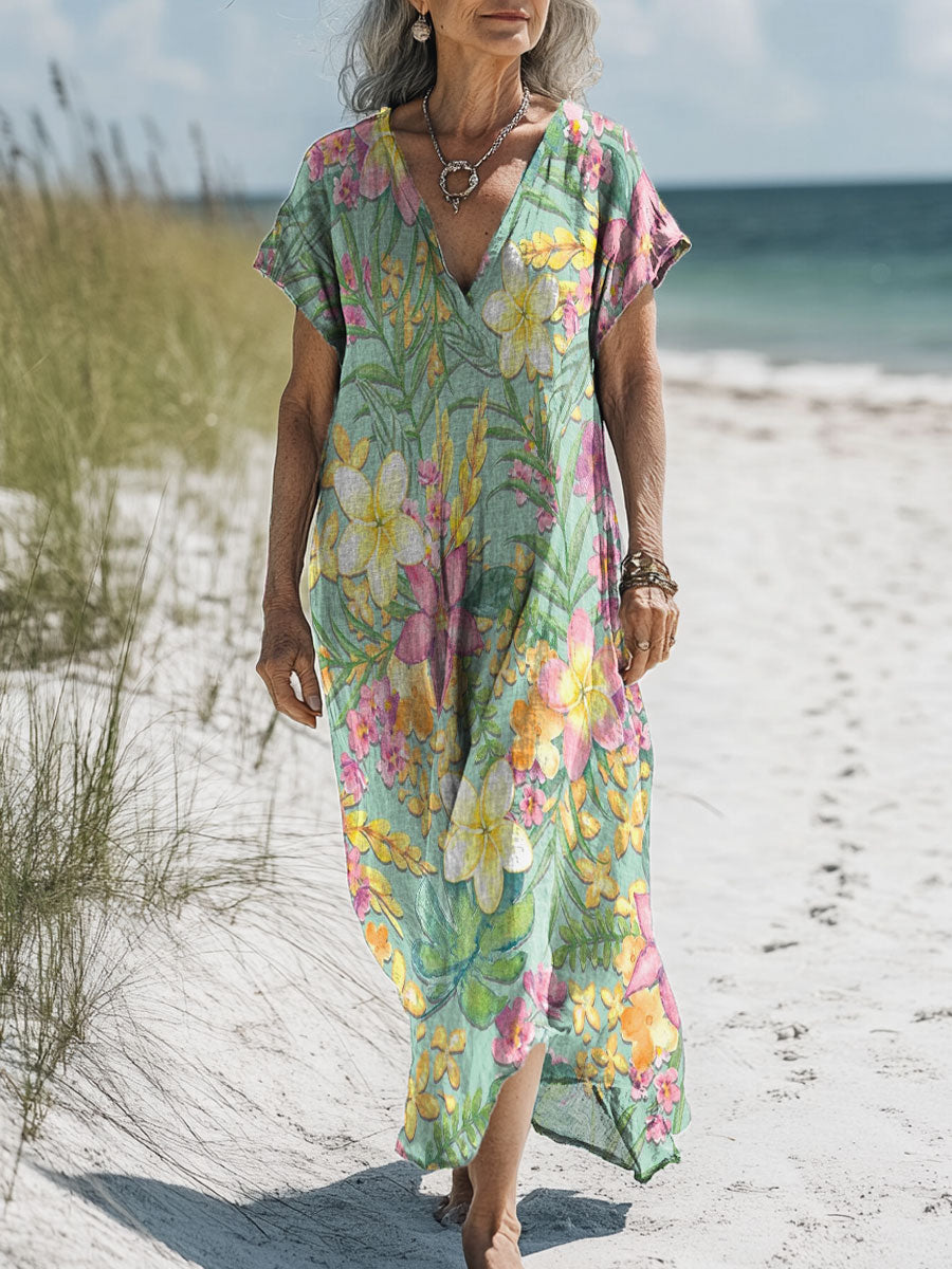 Women's Colorful Flower Art Print Pocket Cotton Dress