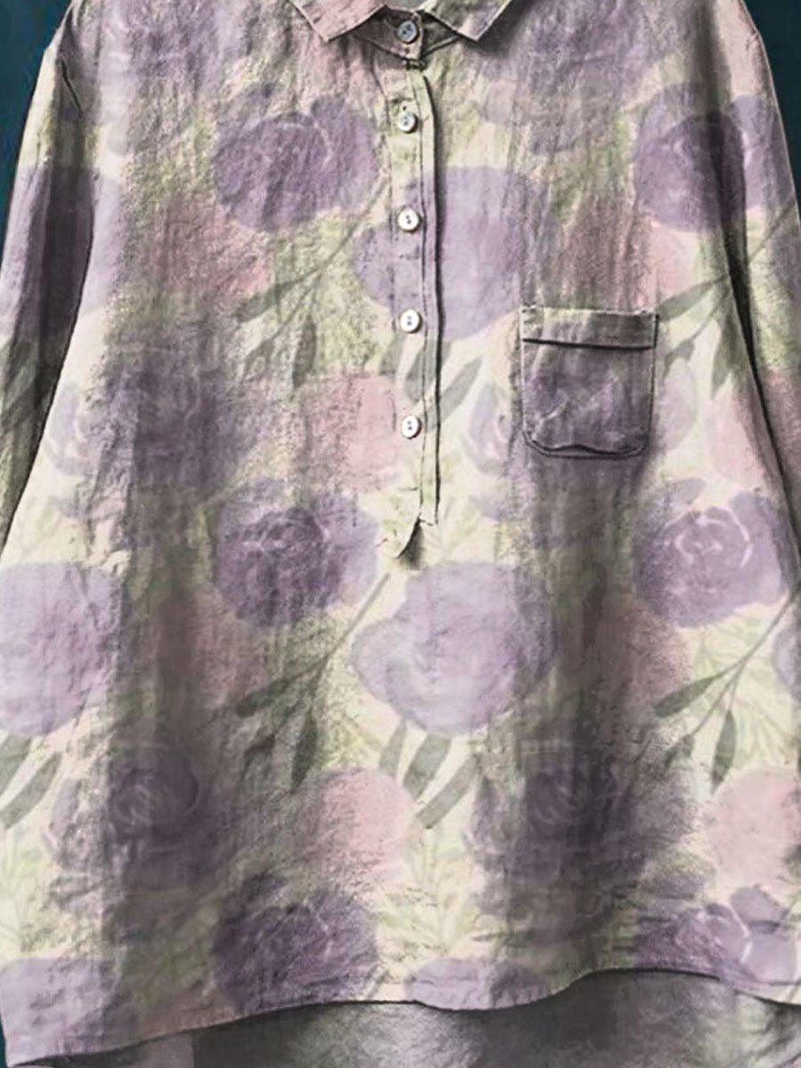 Women's Vintage Floral Art Print Casual Cotton And Linen Shirt