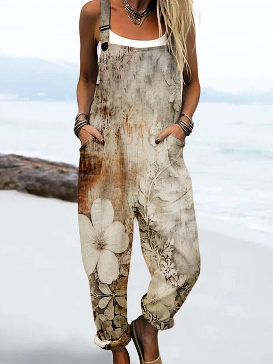 Women's Vintage Floral Art Print Casual 100% Cotton Wide Leg Jumpsuit