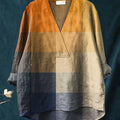 Women's Blue Orange Gradient Plaid Mosaic Art Print Casual Cotton And Linen V-neck Shirt