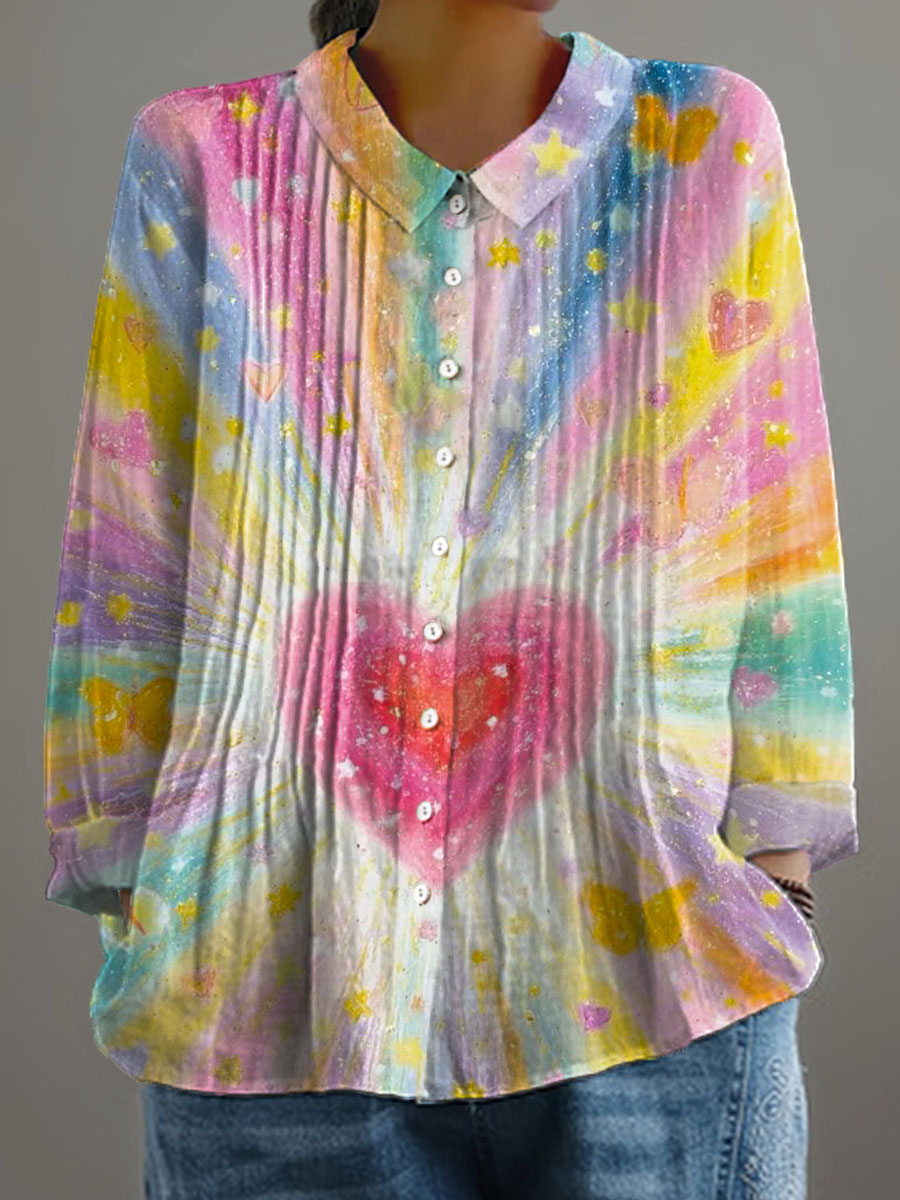 Women's Love Pattern Art Print Casual Cotton And Linen Ruffle Shirt