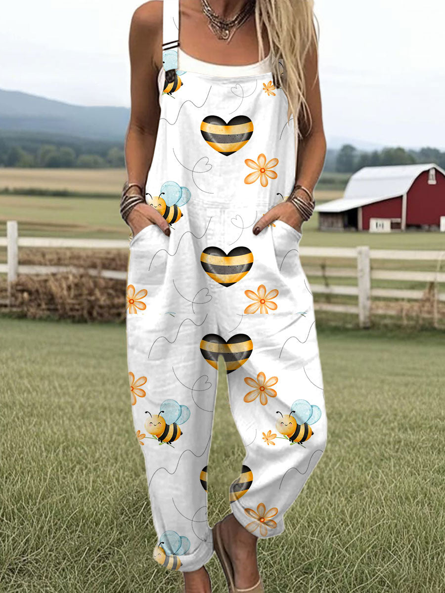 Women's  Bee Art Print Casual 100% Cotton Wide Leg Jumpsuit
