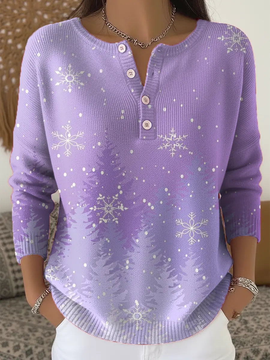 Women's Christmas Tree Snow Pattern Art Print Buttoned Cardigan Sweater