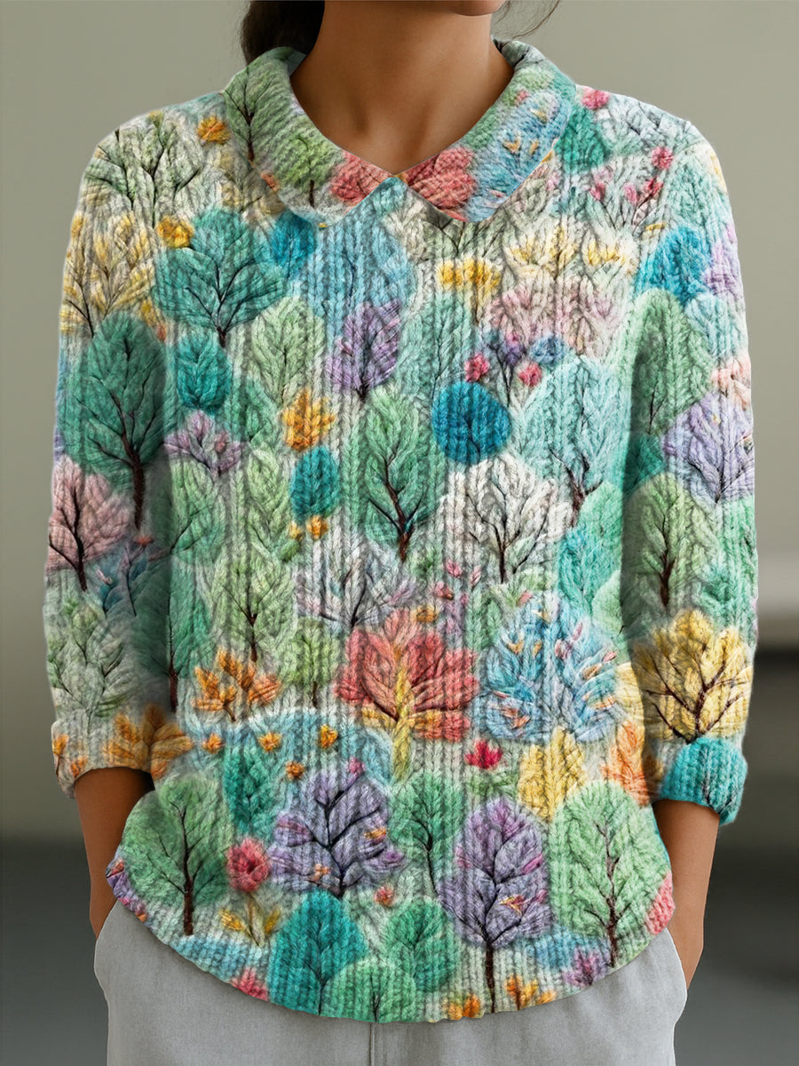 womens-beautiful-colorful-forest-painting-art-print-casual-peter-pan-collar-3-4-sleeve-sweater
