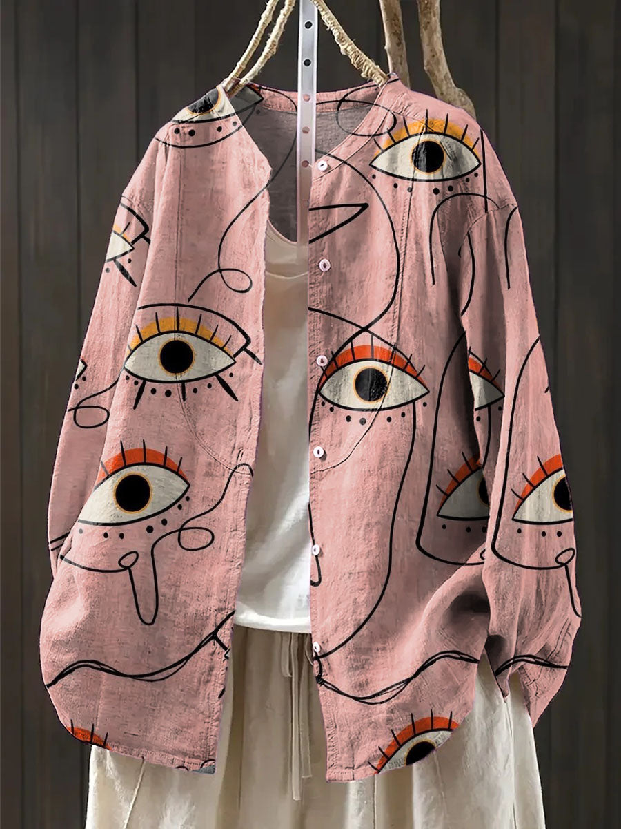 Women's Pink Eyes Print Casual Cotton And Linen Shirt