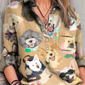Women's Abstract Cute Colorful Puppy Head Painting Art Print Casual Cotton And Linen Shirt