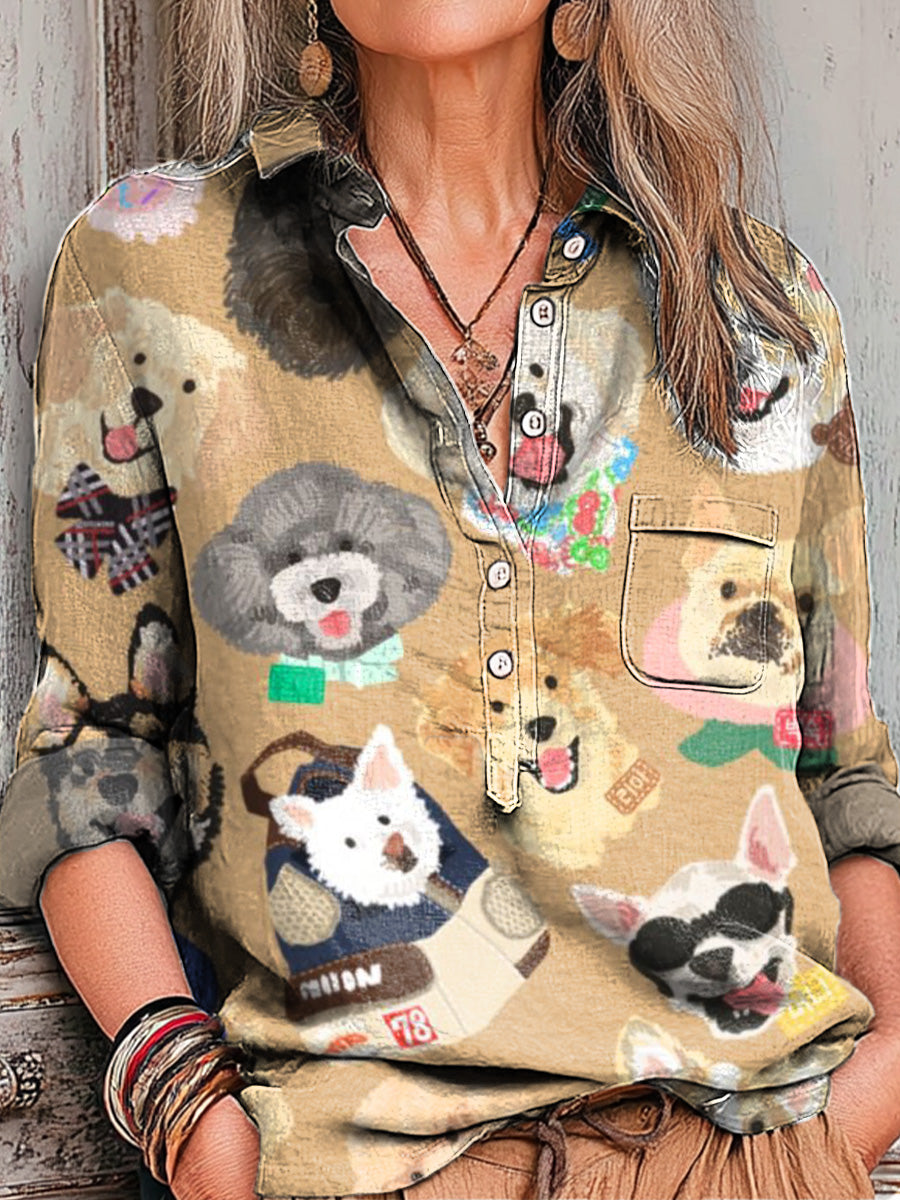Women's Abstract Cute Colorful Puppy Head Painting Art Print Casual Cotton And Linen Shirt