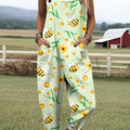 Women's Green Colourful Cute Bee Print Casual 100% Cotton Wide Leg Jumpsuit