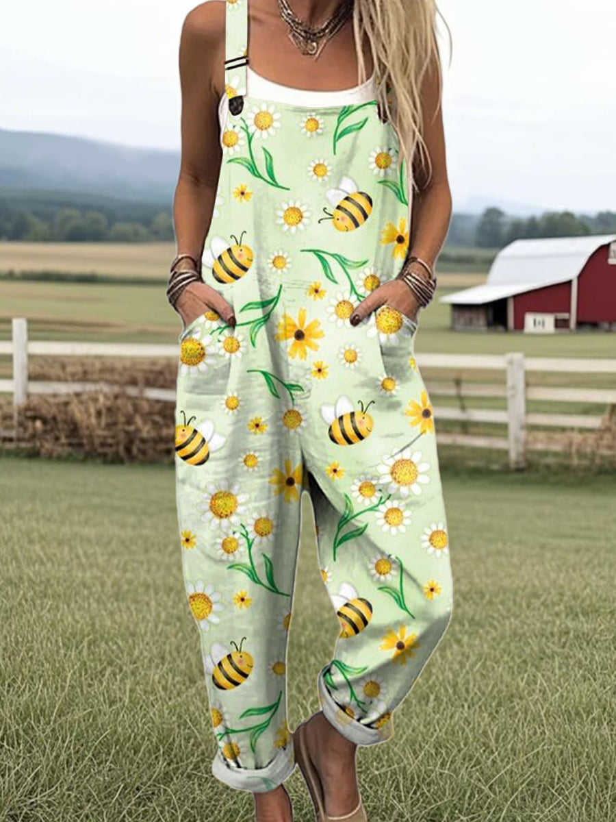 Women's Green Colourful Cute Bee Print Casual 100% Cotton Wide Leg Jumpsuit