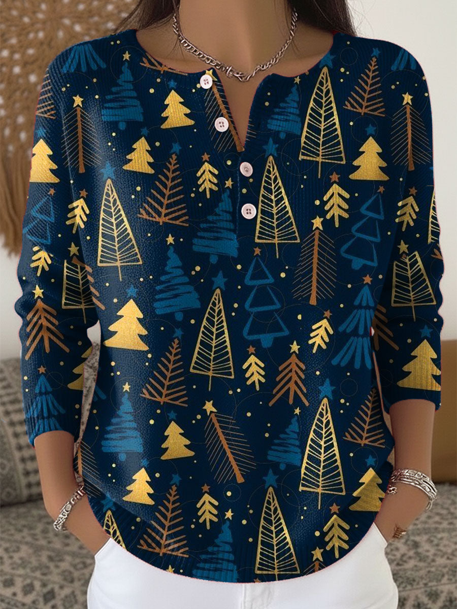 Vintage Christmas Art Print Buttoned Cardigan Sweater