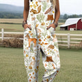 Women's Lovely Woodland Animals Art Print Casual 100% Cotton Wide Leg Jumpsuit