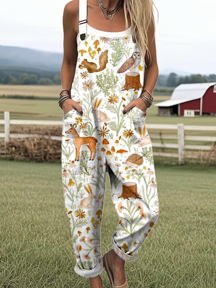 Women's Lovely Woodland Animals Art Print Casual 100% Cotton Wide Leg Jumpsuit