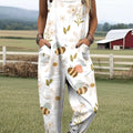 Women's Art Flower Cute Bee Print Casual 100% Cotton Wide Leg Jumpsuit