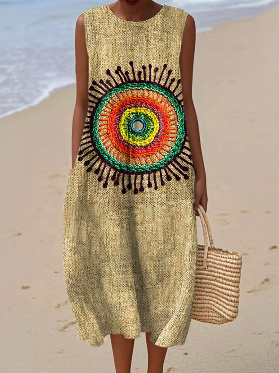 Women's Vintage Psychedelic Collage Sunflower Retro Hippie Art Pattern Art Print Sleeveless Cotton Pocket Wrap Dress