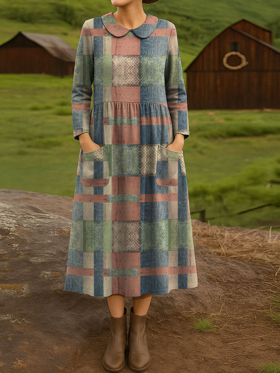 Women's Retro Fresh Plaid Print Cotton Lapel Button-Down Shirt Dress