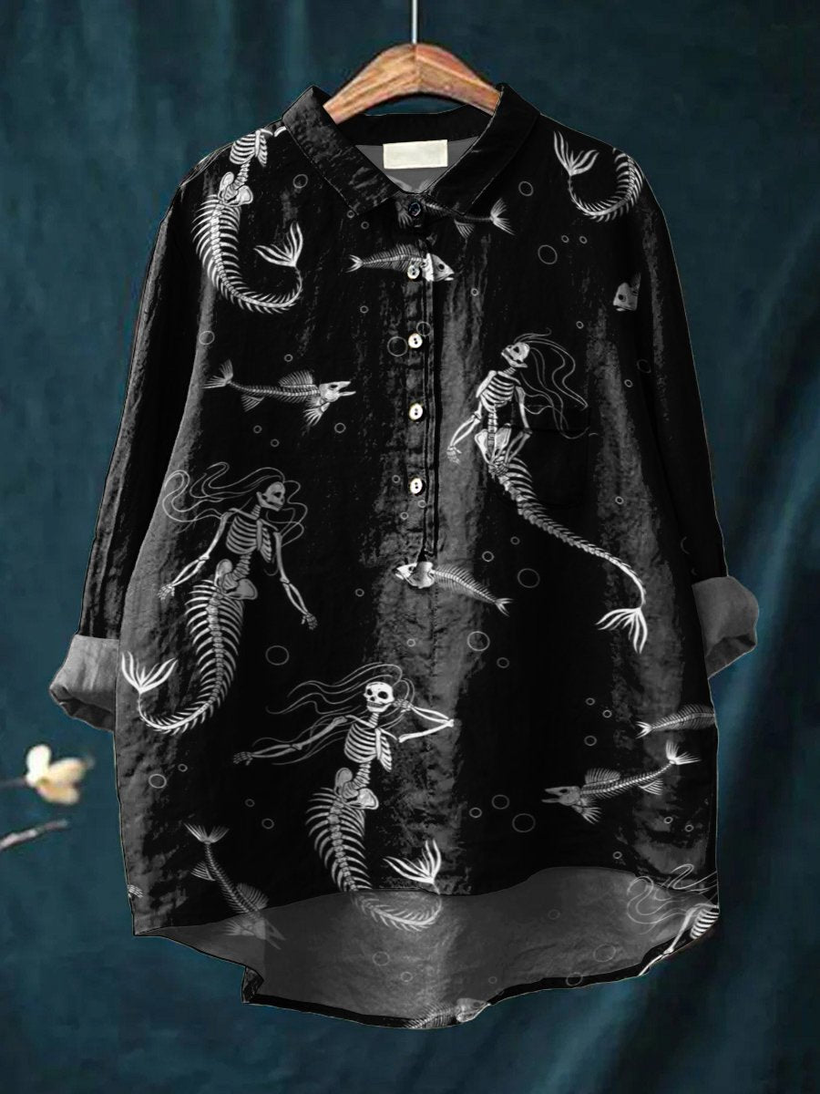 Strange Mermaid Skull Decorative Pattern Casual Cotton And Linen Shirt