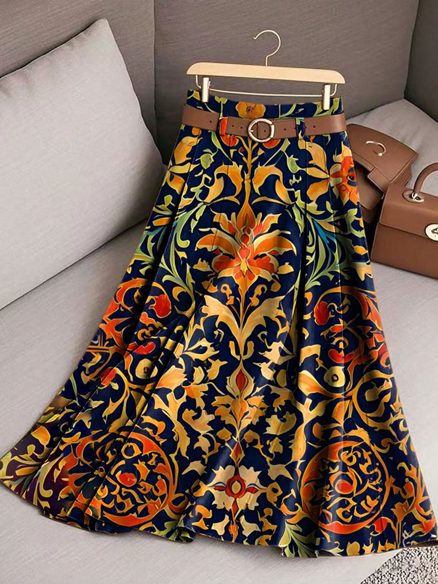 Women's Vintage Flower Art Print Casual Cotton Skirt