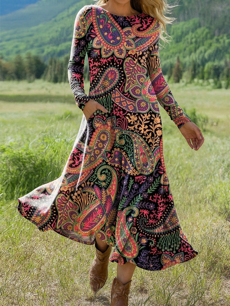 Women's Beautiful Ethnic Paisley Art Print Long-sleeved Dress