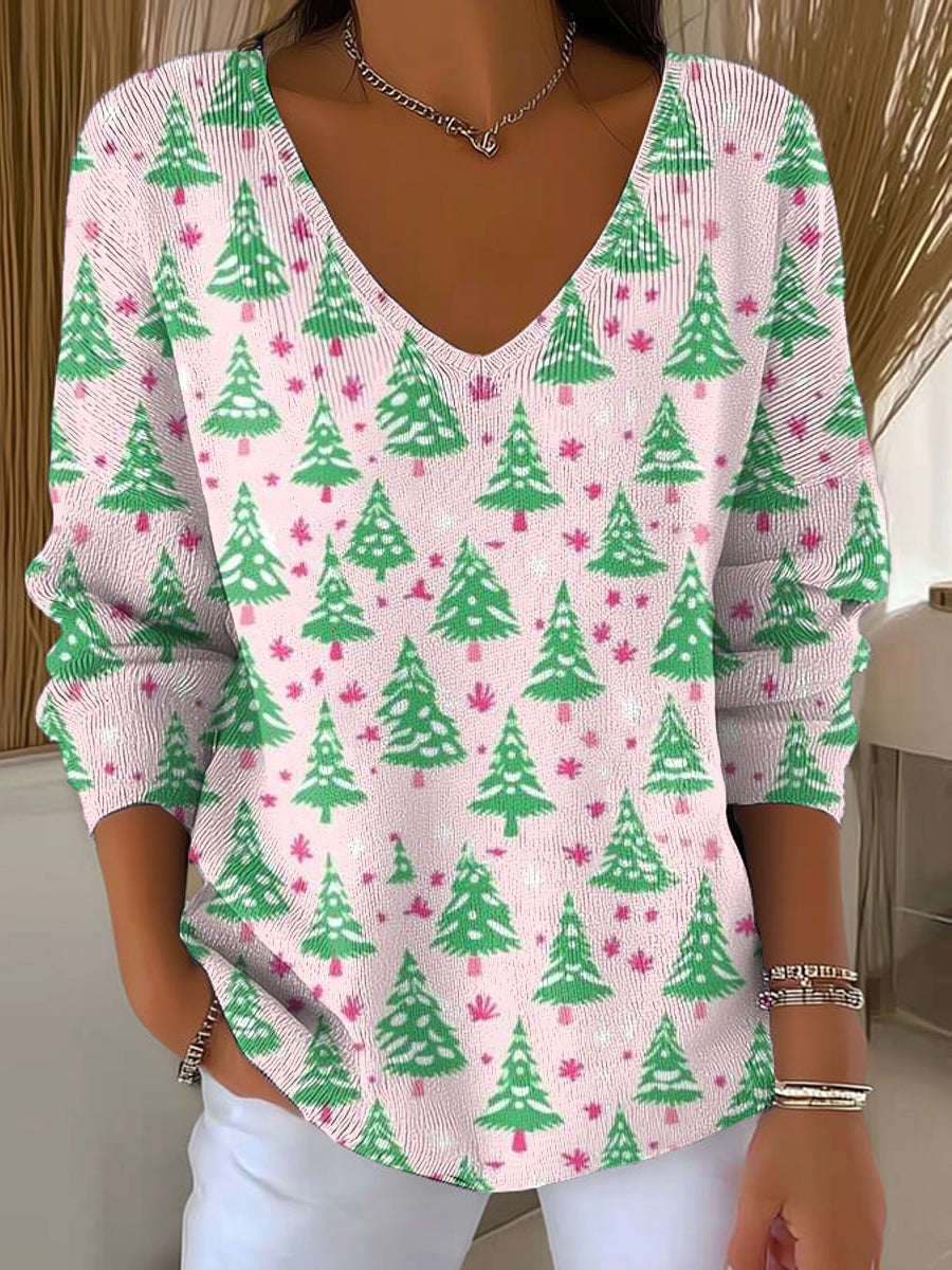 Women's Beautiful Cute Christmas Tree Drawing Art Print Casual Pullover Sweater