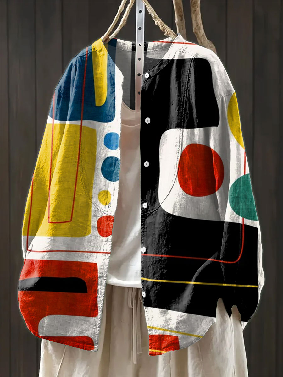 Women's Geometry Colors Abstract Art Print Casual Cotton And Linen Shirt