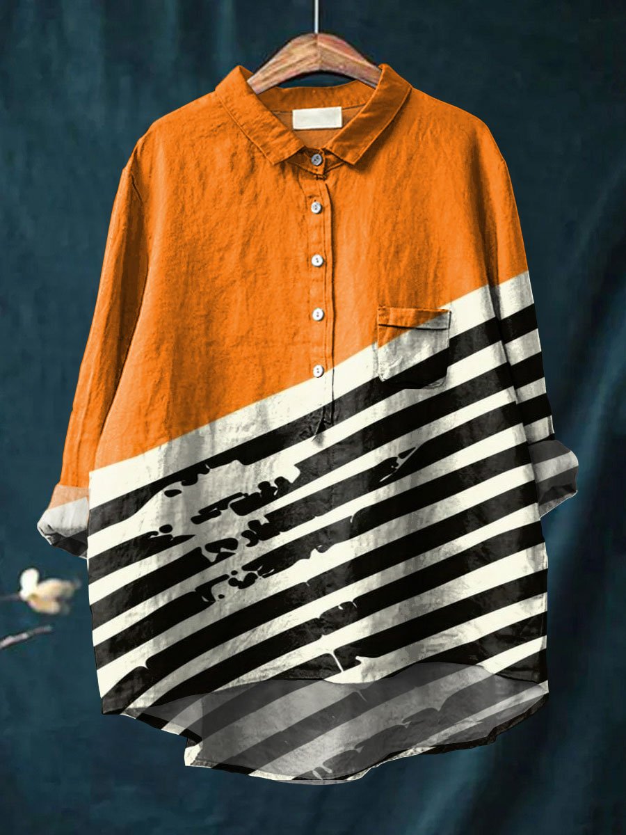 Women's Abstrct Art Print Casual Cotton And Linen Shirt